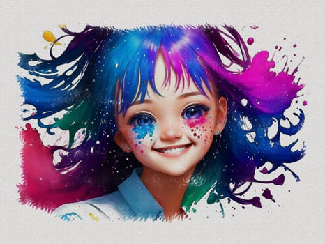 Watercolor cute girl with colored art illustration on white paper texture background photo