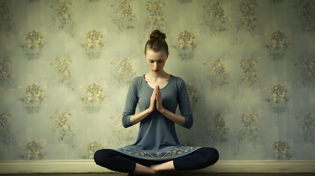 Woman meditating, yoga practice, fitness well being, health photo
