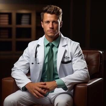Portrait of confident young medical doctor on dark background. Young doctor man with or in a medical dressing. photo