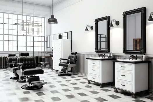 Modern barbershop interior with mirrors chair and other equipment near windows. Chairs in barbershop concept by photo