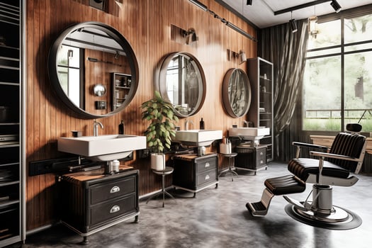 Modern barbershop interior with mirrors chair and other equipment near windows. Chairs in barbershop concept by photo