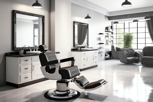 Modern barbershop interior with mirrors chair and other equipment near windows. Chairs in barbershop concept by photo