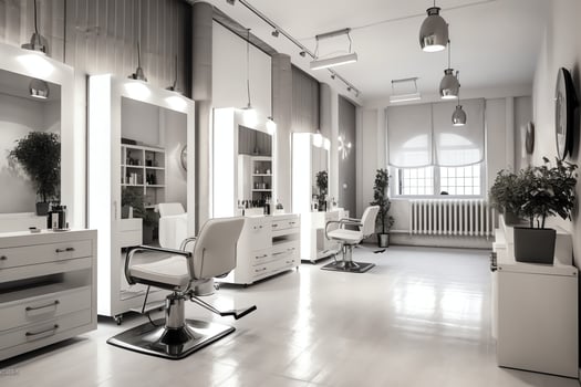 Modern barbershop interior with mirrors chair and other equipment near windows. Chairs in barbershop concept by photo