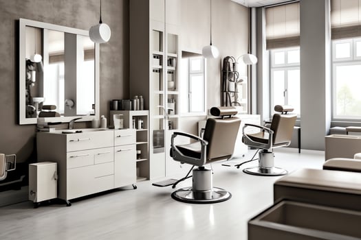 Modern barbershop interior with mirrors chair and other equipment near windows. Chairs in barbershop concept by photo