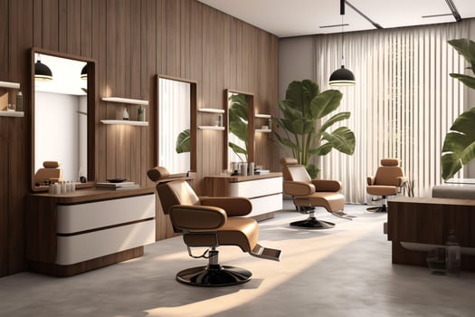 Modern barbershop interior with mirrors chair and other equipment near windows. Chairs in barbershop concept by photo