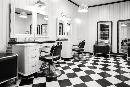 Modern barbershop interior with mirrors chair and other equipment near windows. Chairs in barbershop concept by photo