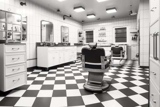 Modern barbershop interior with mirrors chair and other equipment near windows. Chairs in barbershop concept by photo