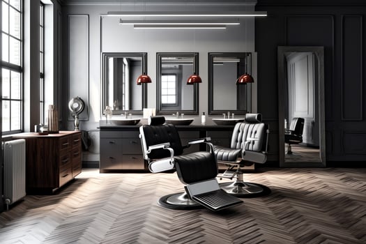 Modern barbershop interior with mirrors chair and other equipment near windows. Chairs in barbershop concept by photo