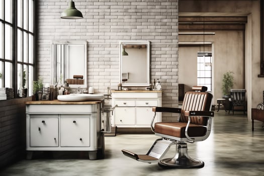 Modern barbershop interior with mirrors chair and other equipment near windows. Chairs in barbershop concept by photo