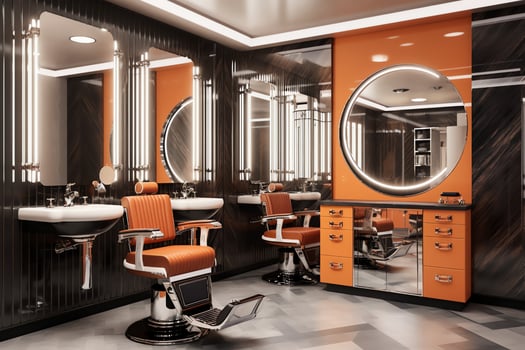 Modern barbershop interior with mirrors chair and other equipment near windows. Chairs in barbershop concept by photo
