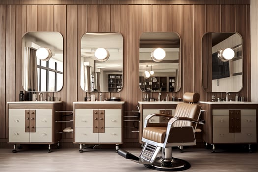 Modern barbershop interior with mirrors chair and other equipment near windows. Chairs in barbershop concept by photo