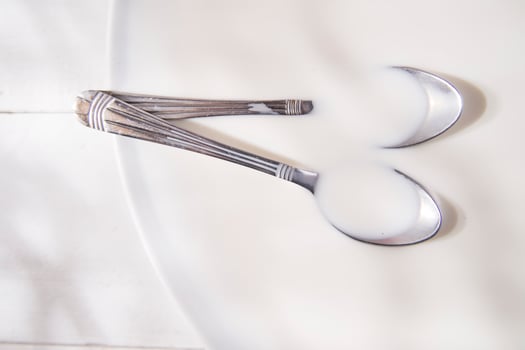 two spoons on a white plate with milk photo
