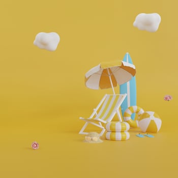 3d rendering of summer vacation concept with beach chair,umbrella and summer elements isolated on yellow background,minimal style.copy space . photo
