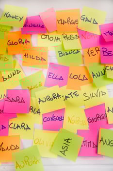 a wall covered with sticky notes with different words photo
