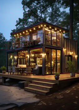 A container home building on a plot of land. 2 storey modern container house, cafe or restaurant concept by photo