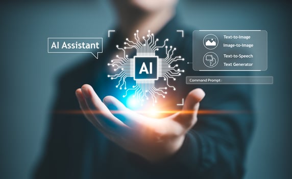 AI, Artificial Intelligence, content Concept. Artist Man using AI Art Assistant to generate image. Text to image command prompt generates, technology Business, futuristic transformation. photo