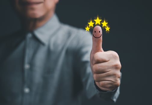 Customer smile and thumb up positive emotion smiley face icon with Five Star Rating. Best Excellent Services for Satisfaction concept. photo