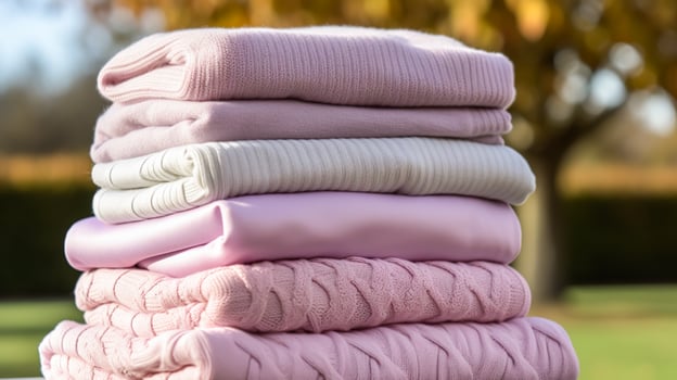 Laundry, housekeeping and homemaking, stack of clean and folded knitted clothes in the countryside, photo