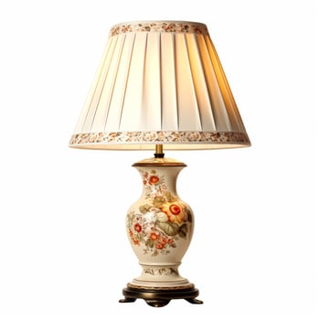 Vintage country style antique table lamp with a beautiful lampshade design isolated on white background, interior design and cottage home decor, post-processed, photo