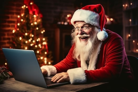 Happy old Santa Claus using laptop computer sitting at workshop home table. photo