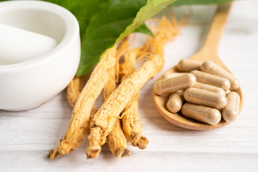 Ginseng, dried vegetable herb. Healthy food famous export food in Korea country. photo