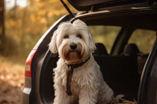 Dog car back forest. Generate Ai photo