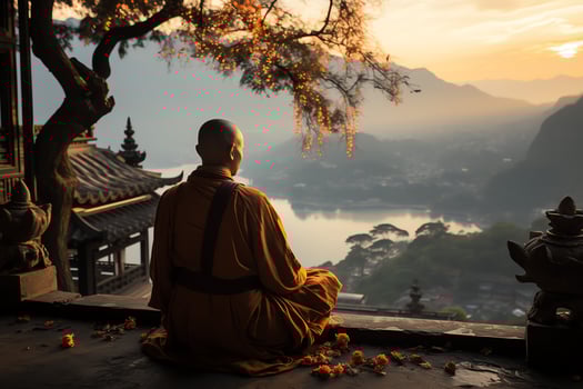 A buddha sits in the mountain with a lotus and candles. Background for vesak celebration. Vesak day concept. Vesak celebration day greetings concept by photo