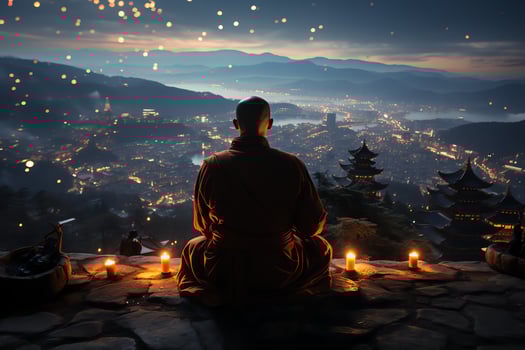 A buddha sits in the mountain with a lotus and candles. Background for vesak celebration. Vesak day concept. Vesak celebration day greetings concept by photo