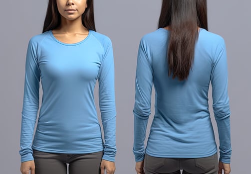Woman wearing a blue T-shirt with long sleeves. Front and back view. photo