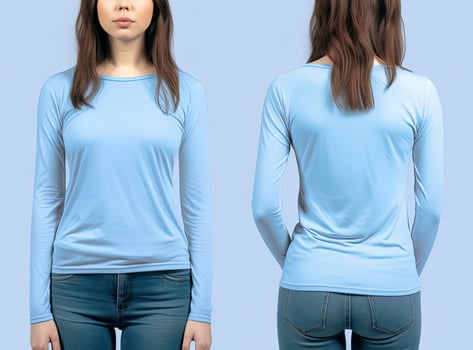 Woman wearing a blue T-shirt with long sleeves. Front and back view. photo
