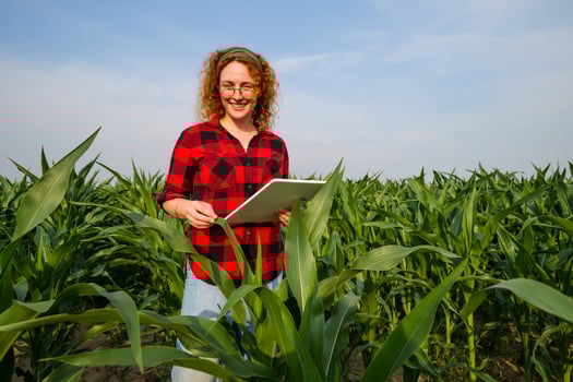 Portrait of female farmer who is cultivating corn. She is examining progress of plants. Agricultural occupation. photo