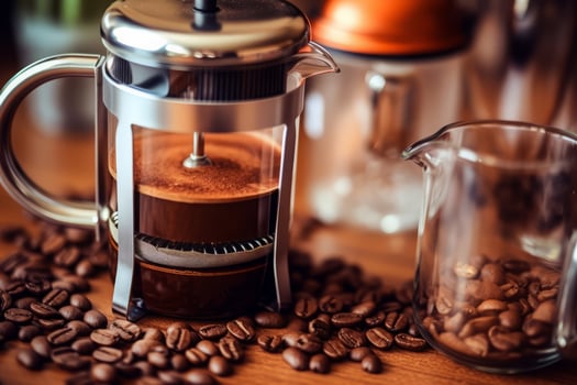 Close-up top view of ingredients French press, Coffee. . photo