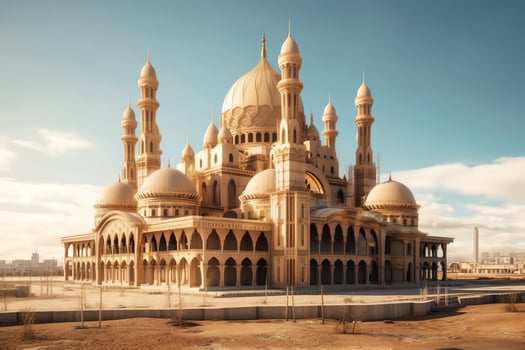 Awesome buildings of mosque in ramadan vibes. Ramadan kareem eid mubarak islamic mosque concept by photo