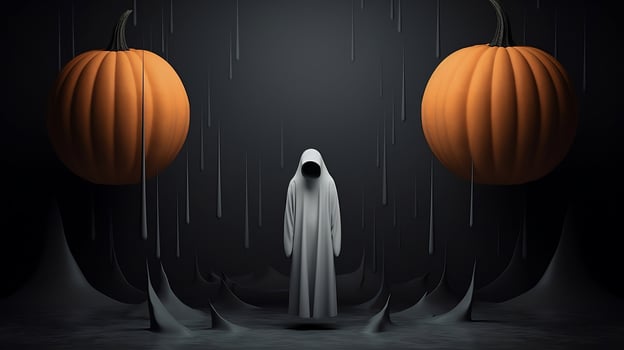Surreal picture of a silhouette of a man with pumpkins for Halloween. photo