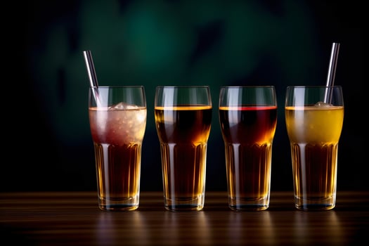 A Row Of Glasses Filled With Liquid On Top Of A Wooden Table. photo