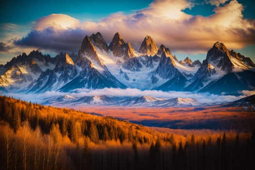 A Painting Of A Mountain Range With Trees In The Foreground. photo