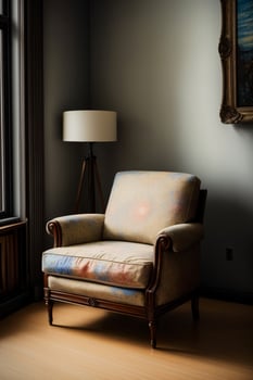 A Living Room With A Chair And A Lamp. photo