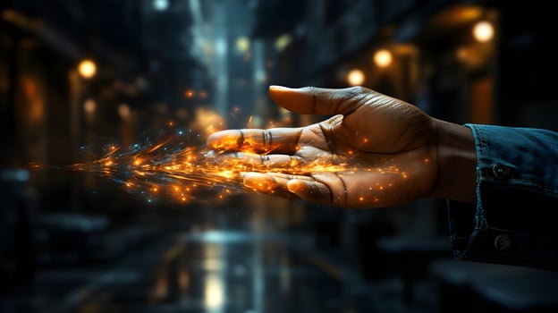 a hand holding glowing fire in the air. photo