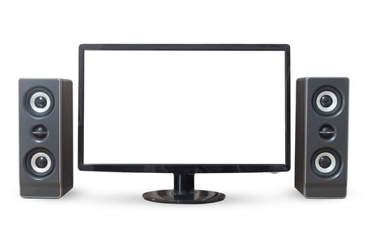 Monitor PC landscape and sound woofer isolated on white background. photo