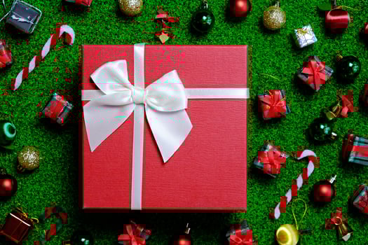 Christmas background with fir tree and decor. Top view Flat lay with copy space. photo