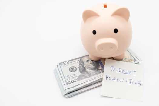 Money budget planning. Piggy bank with Dollars on white background, financial goal concept. photo