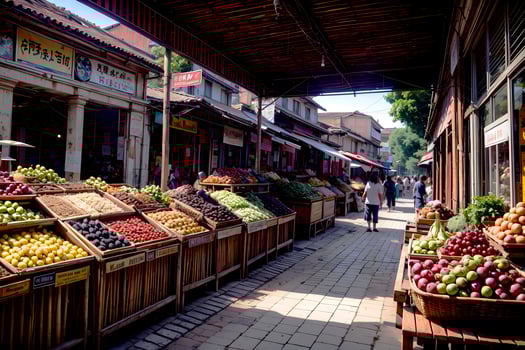 Realistic photo of marketplace filled with exotic fruits,