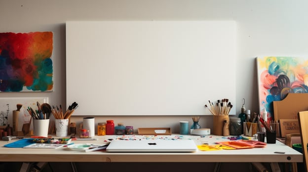 Artist's workspace with blank canvas and art supplies photo