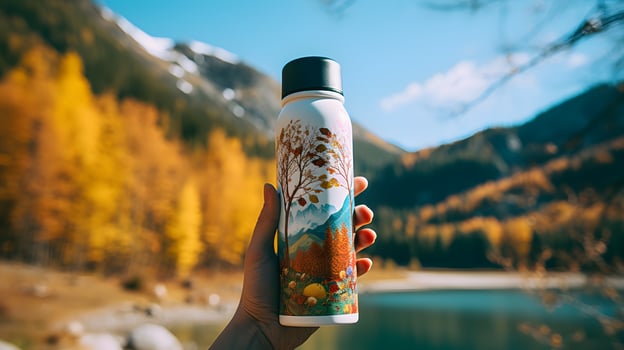 Close-up of female hand holding reusable, steel thermo shiny bottle for water, on the background of clear water of a lake with a turquoise hue. Copy space concept. photo
