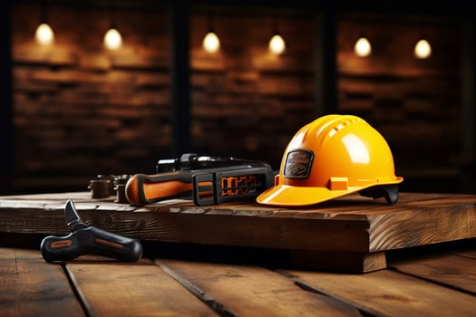 various tools and construction equipment on a wooden background photo