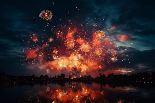 fireworks over the water with a city in the background photo
