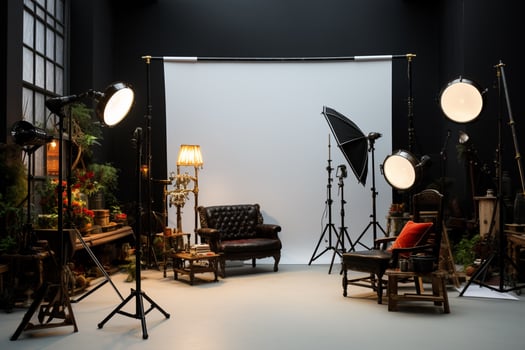 a photo studio with lighting equipment and a couch
