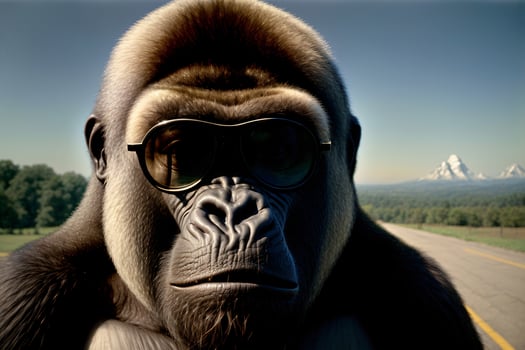 A Gorilla Wearing Sunglasses On The Side Of A Road. photo