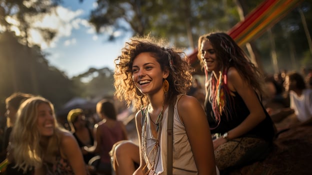Young Women with friends Having a Very Good Time at Outdoor Concert, Bathed in Afternoon Light, photo