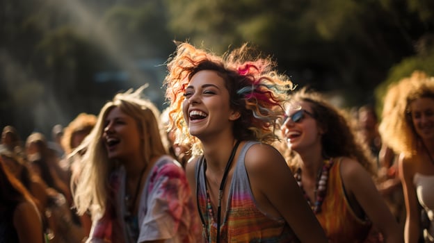 Young Women with friends Having a Very Good Time at Outdoor Concert, Bathed in Afternoon Light, photo